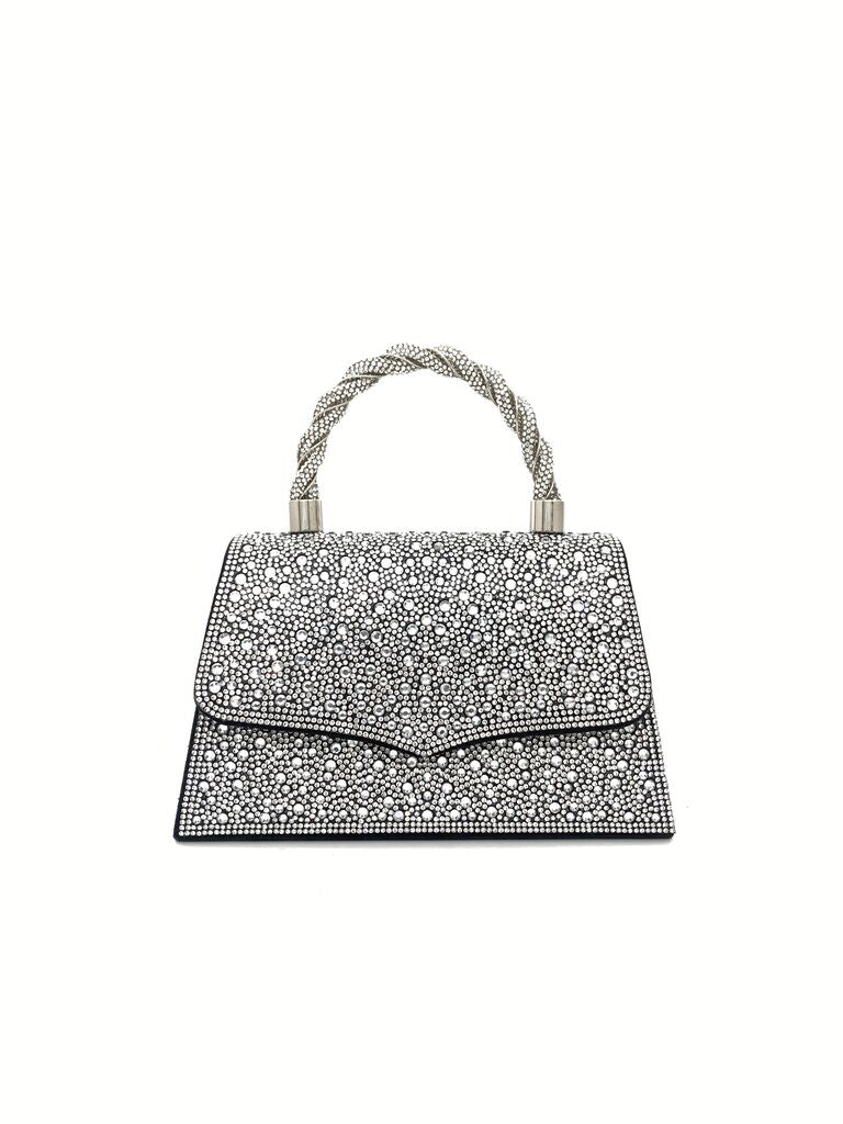 Silver Crystal Embellished Handbag with Braided Handle