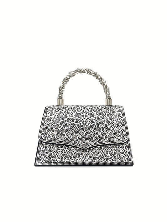 Silver Crystal Embellished Handbag with Braided Handle