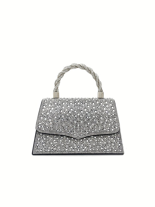 Silver Crystal Embellished Handbag with Braided Handle