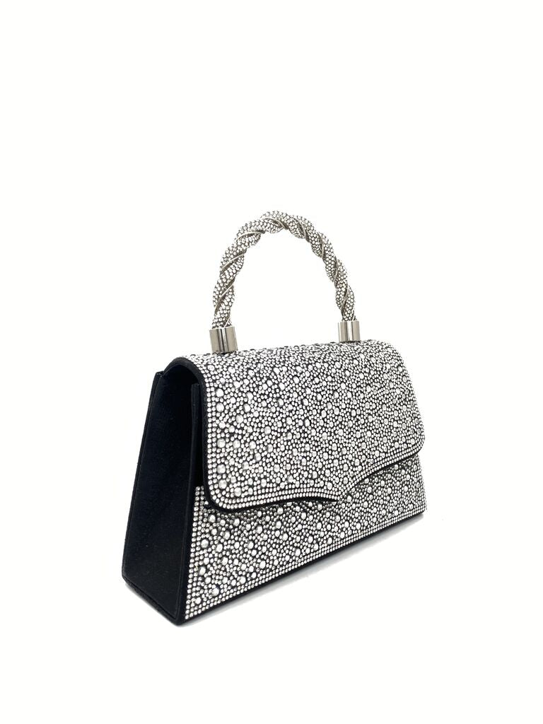 Silver Crystal Embellished Handbag with Braided Handle