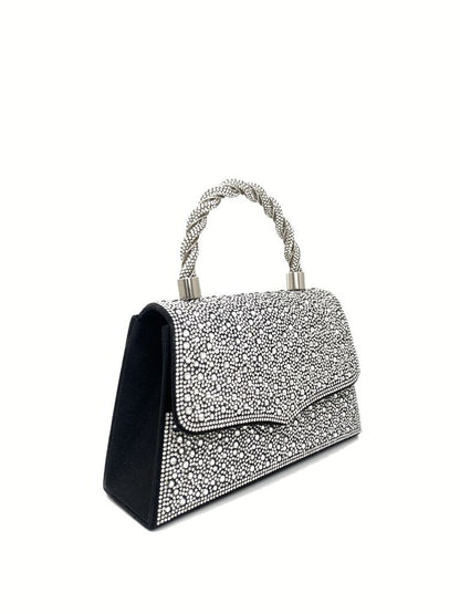 Silver Crystal Embellished Handbag with Braided Handle