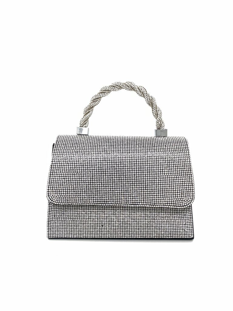 Silver Rhinestone Handbag with Braided Handle