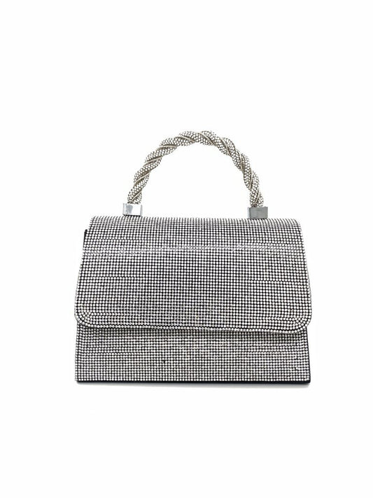 Silver Rhinestone Handbag with Braided Handle