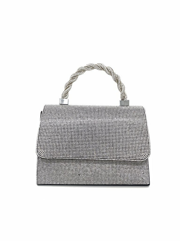 Silver Rhinestone Handbag with Braided Handle