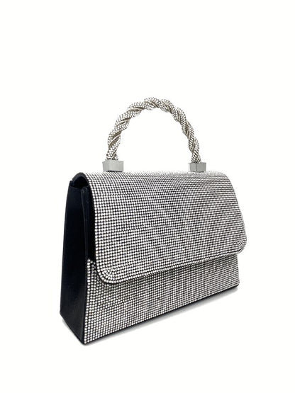 Silver Rhinestone Handbag with Braided Handle