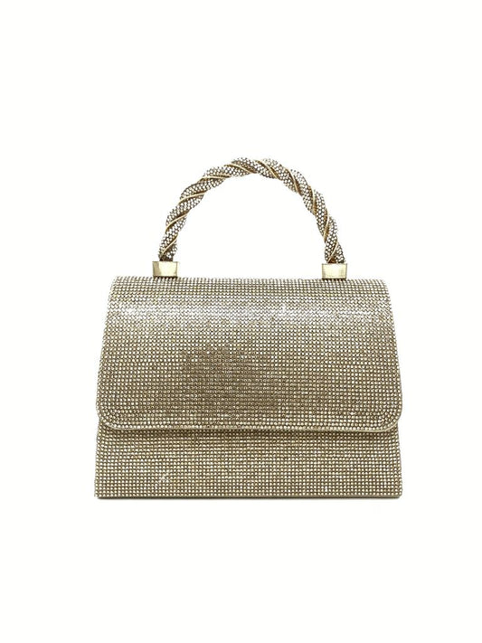 Gold Rhinestone Handbag with Braided Handle