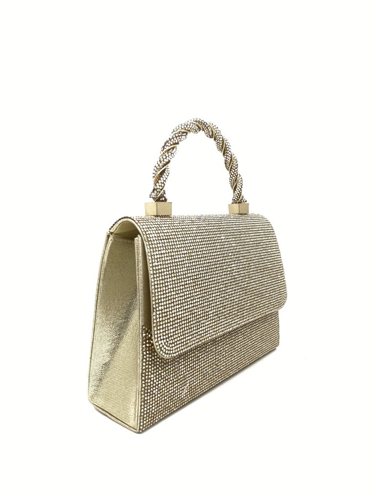 Gold Rhinestone Handbag with Braided Handle