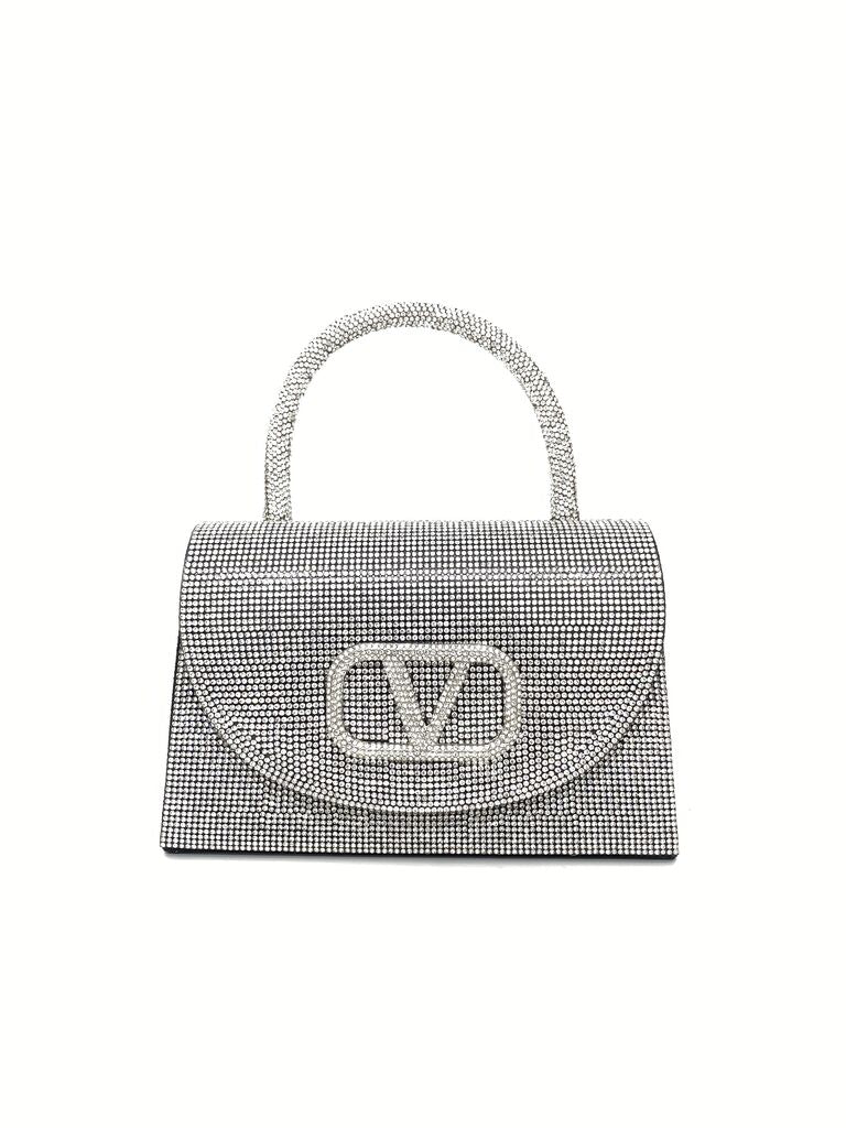 Silver Embellished Handbag with Top Handle