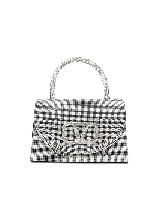 Silver Embellished Handbag with Top Handle