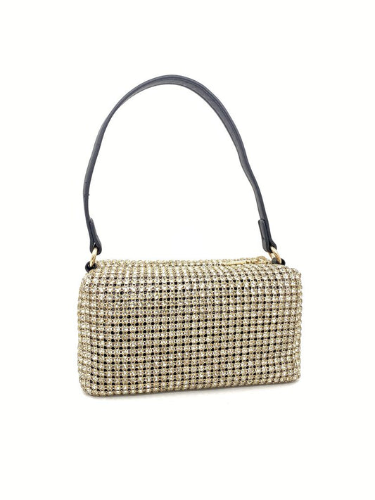 Gold Rhinestone Evening Bag with Black Handle