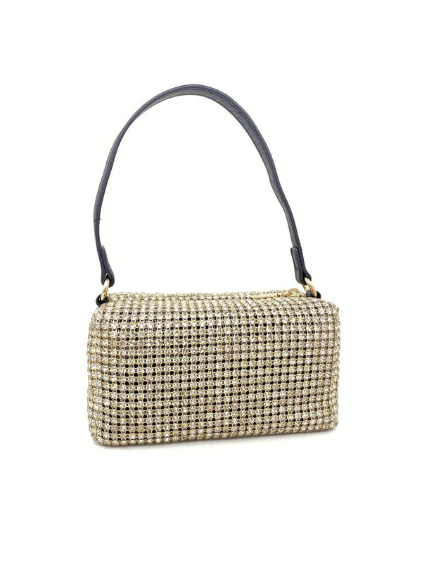 Gold Rhinestone Evening Bag with Black Handle