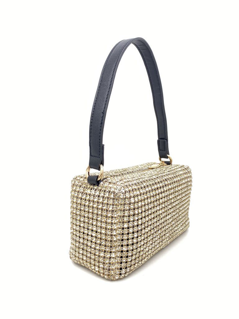 Gold Rhinestone Evening Bag with Black Handle