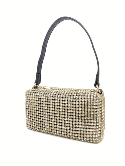 Gold Rhinestone Evening Bag with Black Handle