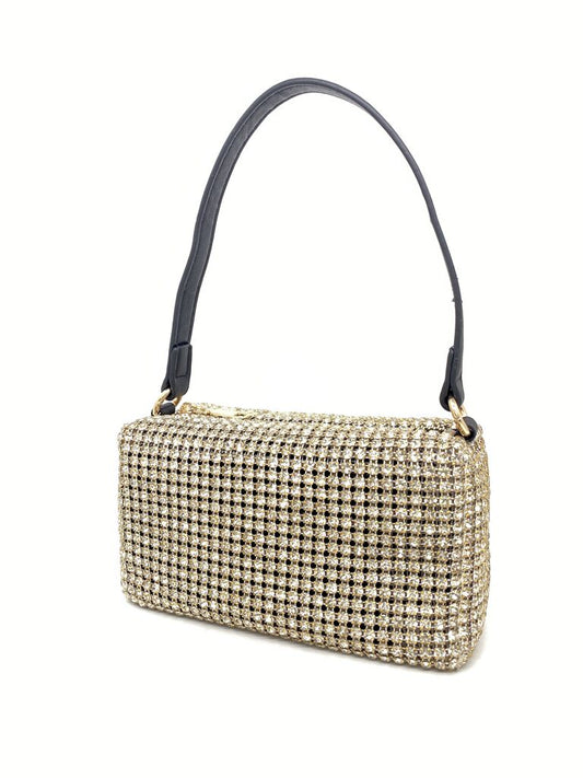 Gold Rhinestone Evening Bag with Black Handle