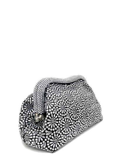 Black and Silver Embellished Clutch with Geometric Pattern