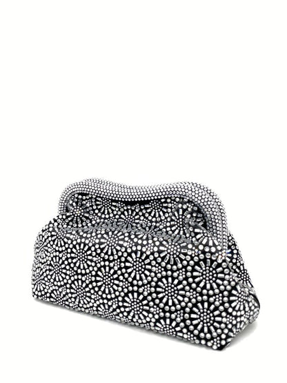 Black and Silver Embellished Clutch with Geometric Pattern