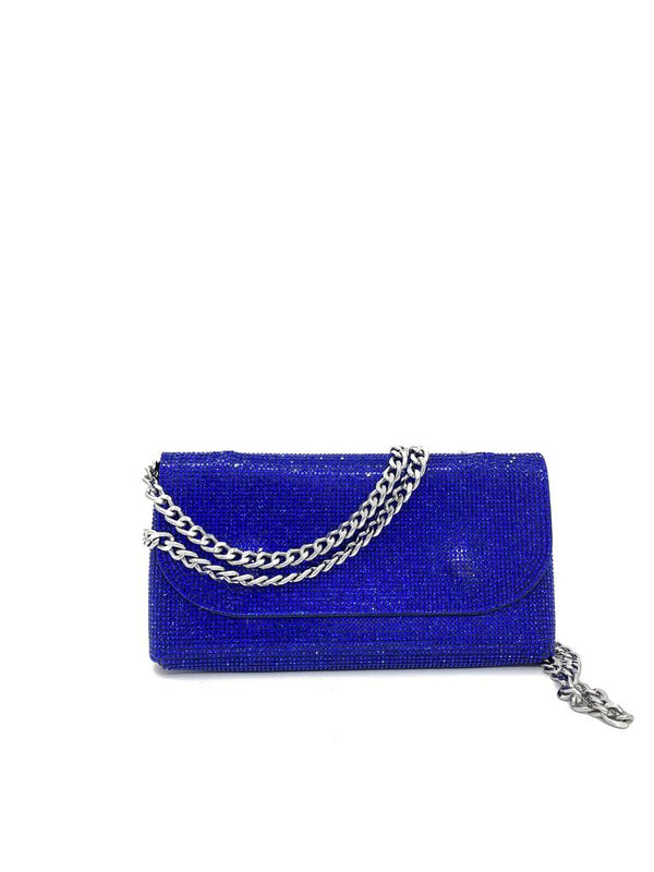 Blue Crystal Embellished Clutch with Chain Strap
