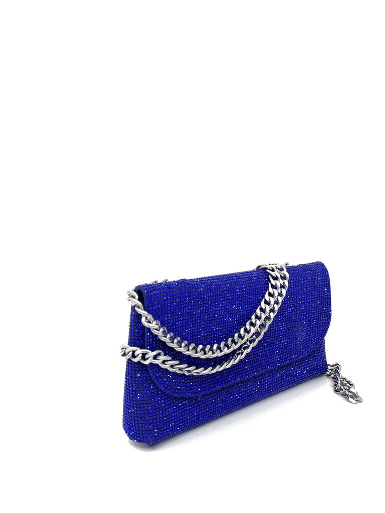 Blue Crystal Embellished Clutch with Chain Strap