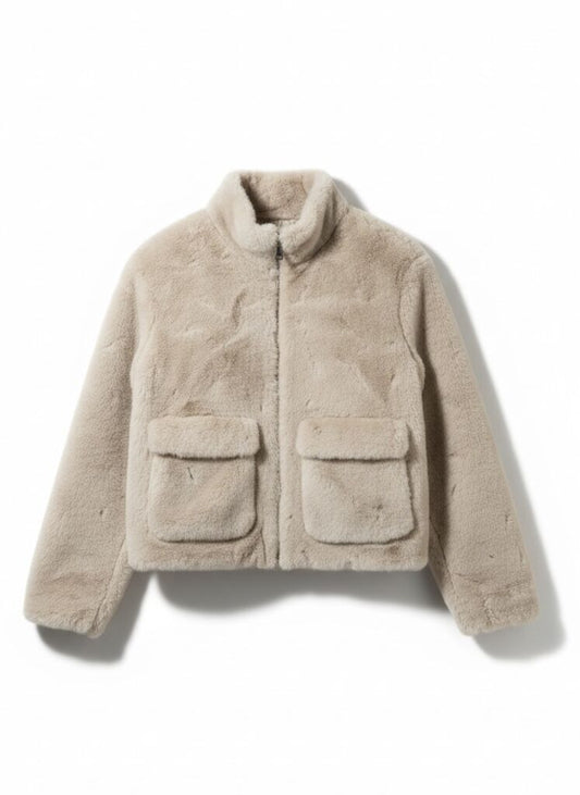 Beige Faux Fur Jacket with Front Pockets