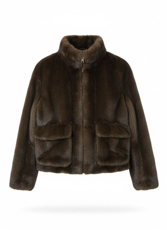 Classic Brown Textured Jacket with High Collar