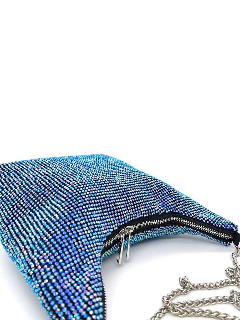 Blue Rhinestone Shoulder Bag with Chain Strap
