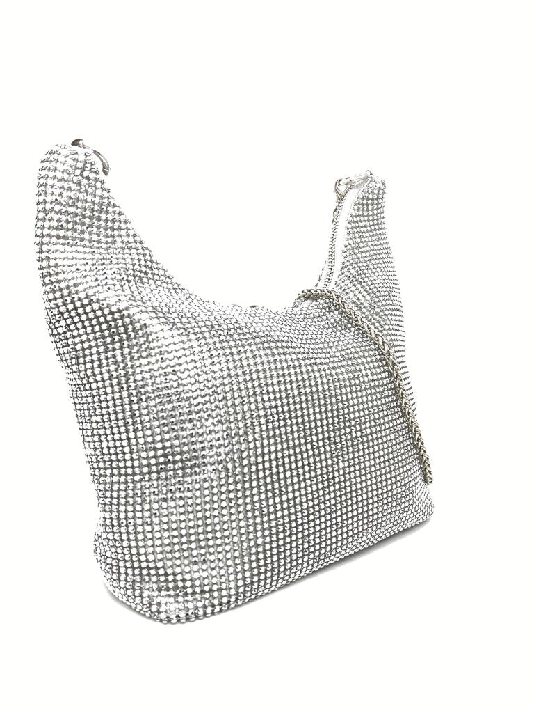Silver Beaded Shoulder Bag with Chain Strap