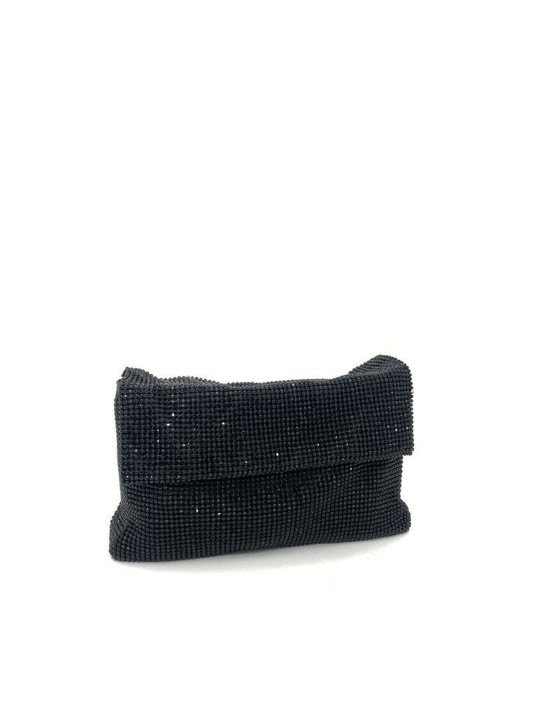 Black Textured Clutch with Fold-Over Flap