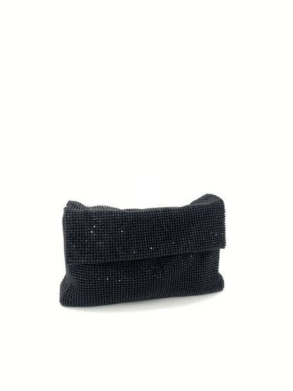 Black Textured Clutch with Fold-Over Flap