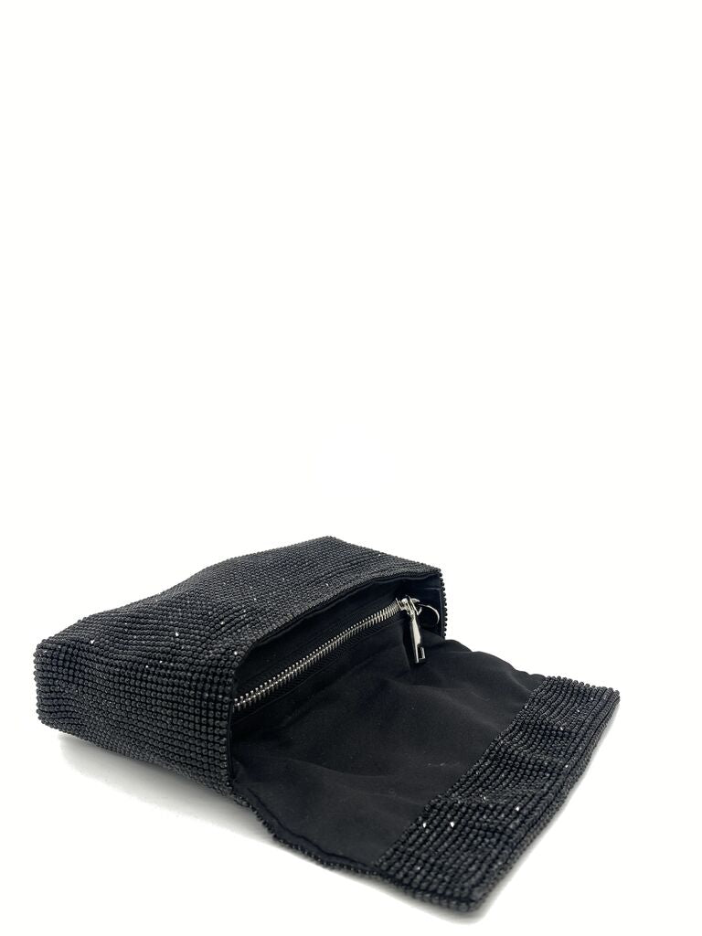 Black Textured Clutch with Fold-Over Flap