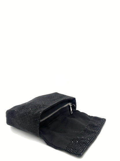 Black Textured Clutch with Fold-Over Flap