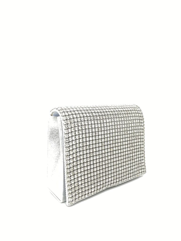 Silver Mesh Clutch with Rhinestone Embellishment