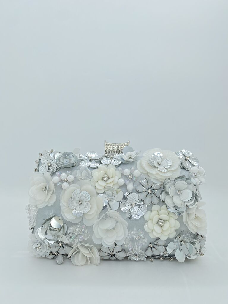 Ivory Floral Embellished Clutch with Rhinestone Accent