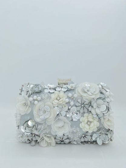 Ivory Floral Embellished Clutch with Rhinestone Accent
