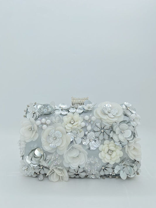 Ivory Floral Embellished Clutch with Rhinestone Accent
