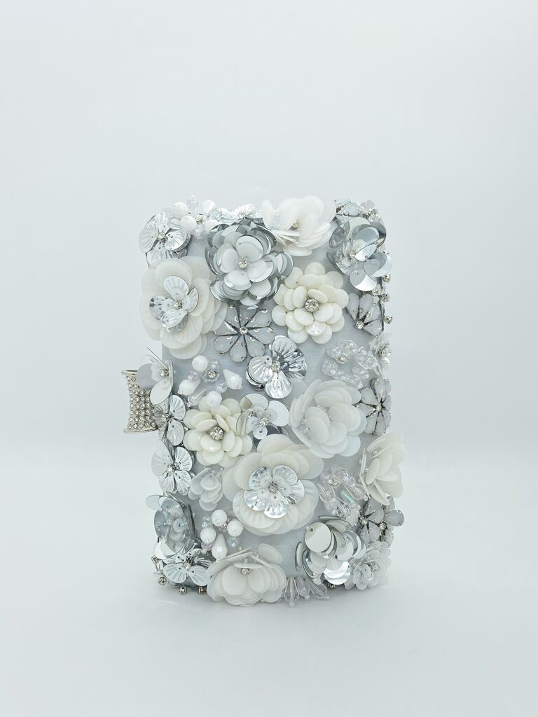Ivory Floral Embellished Clutch with Rhinestone Accent