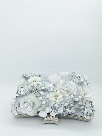Ivory Floral Embellished Clutch with Rhinestone Accent