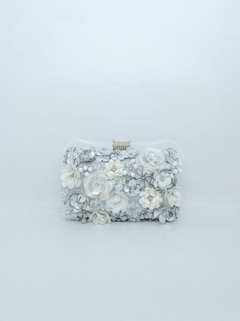 Ivory Floral Embellished Clutch with Rhinestone Accent