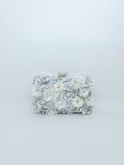 Ivory Floral Embellished Clutch with Rhinestone Accent