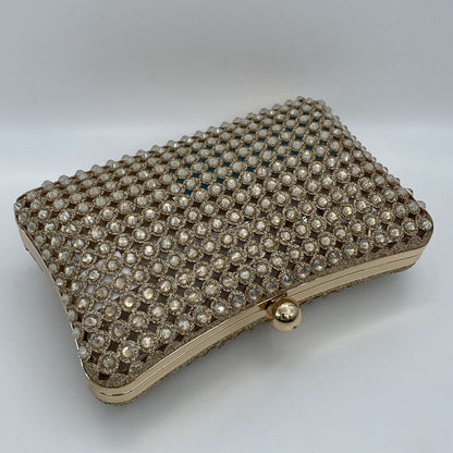 Gold Beaded Clutch with Rhinestone Detailing
