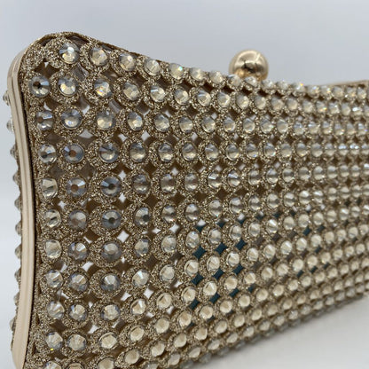 Gold Beaded Clutch with Rhinestone Detailing