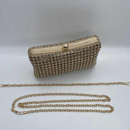 Gold Beaded Clutch with Rhinestone Detailing