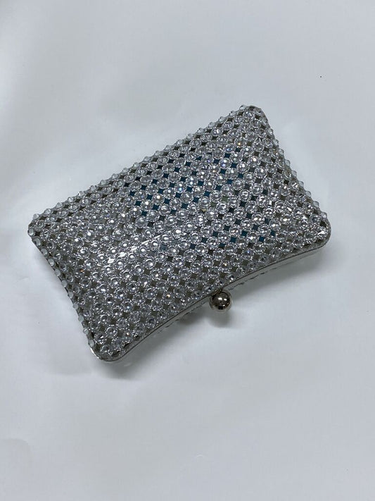 Silver Crystal Embellished Clutch with Ball Closure