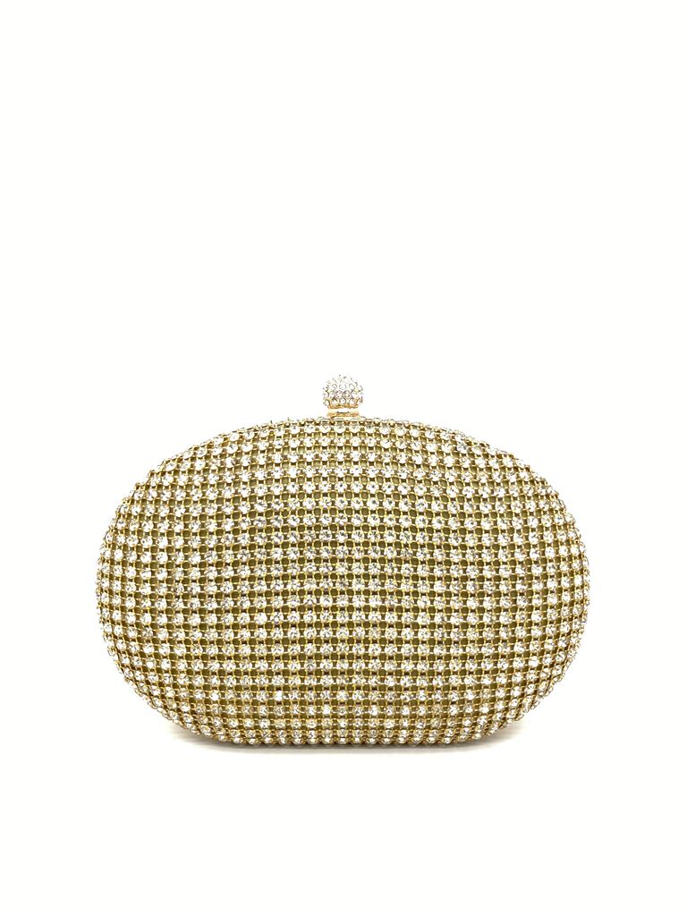 Gold Crystal-Embellished Evening Clutch with Clasp