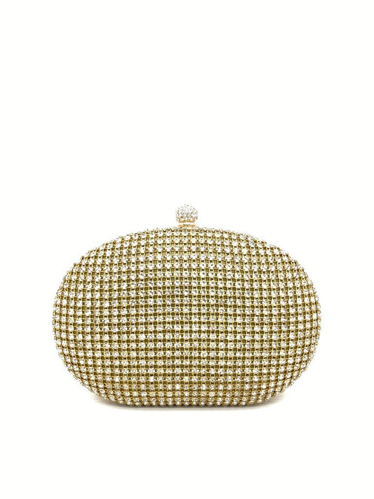 Gold Crystal-Embellished Evening Clutch with Clasp