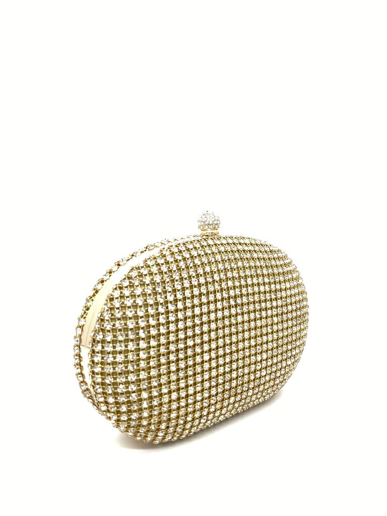 Gold Crystal-Embellished Evening Clutch with Clasp