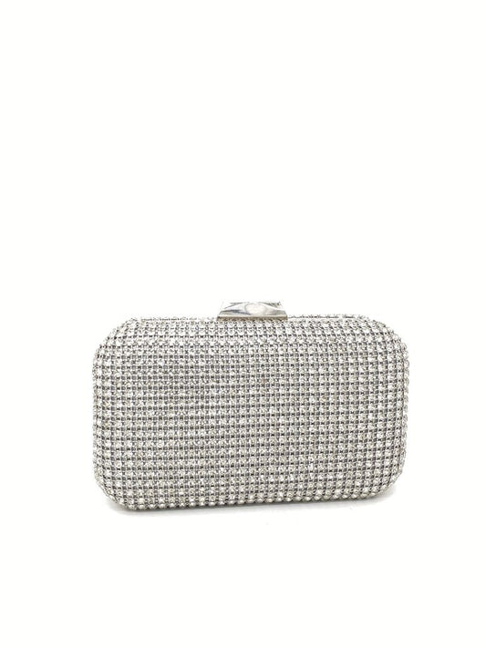 Silver Embellished Clutch with Rhinestone Detail