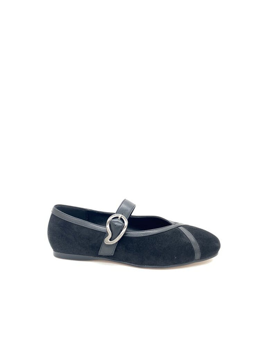 Black Suede Mary Jane Flats with Buckle Detail