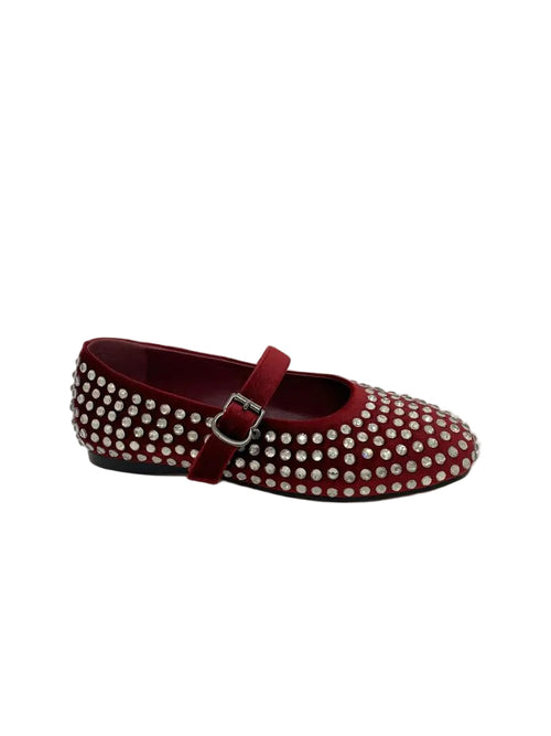 Red Studded Velvet Mary Jane Flats