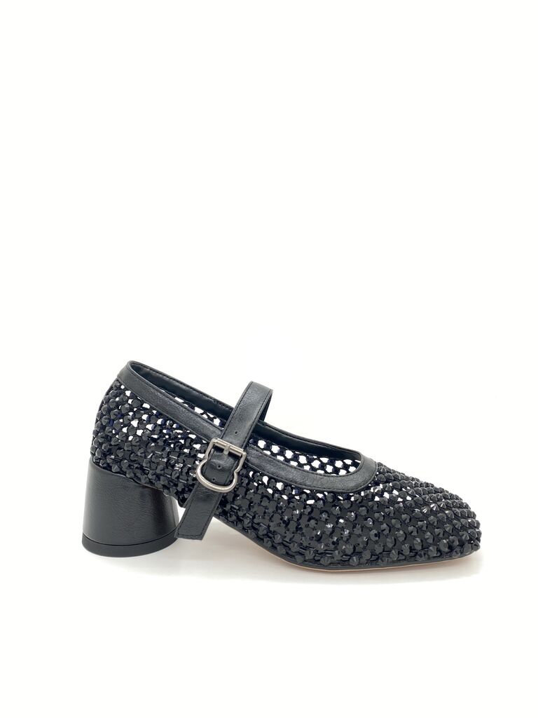 Black Woven Mary Jane Block Heel