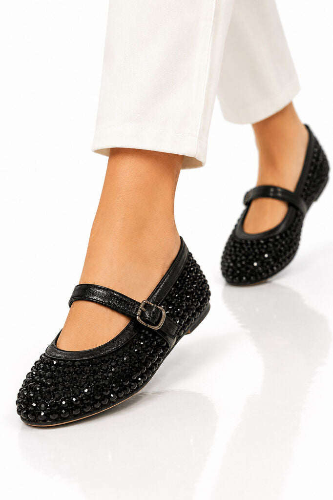Black Woven Ballet Flat with Buckle Detail
